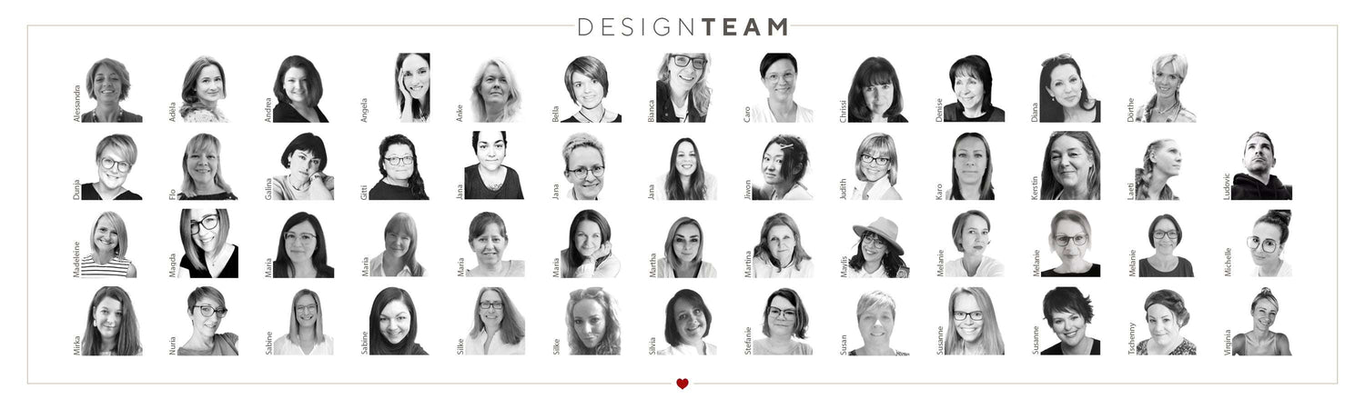 Eine Collage von 50 Frauenkopfbildern in Schwarz-Weiß unter der Überschrift Design Team.