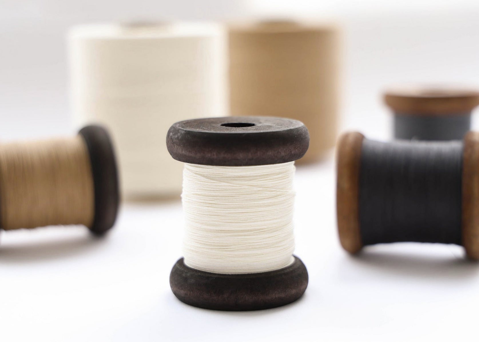 Eine weiße Fadenspule mit hölzernen Enden befindet sich zwischen unscharfen Spulen in verschiedenen Farben im Hintergrund.