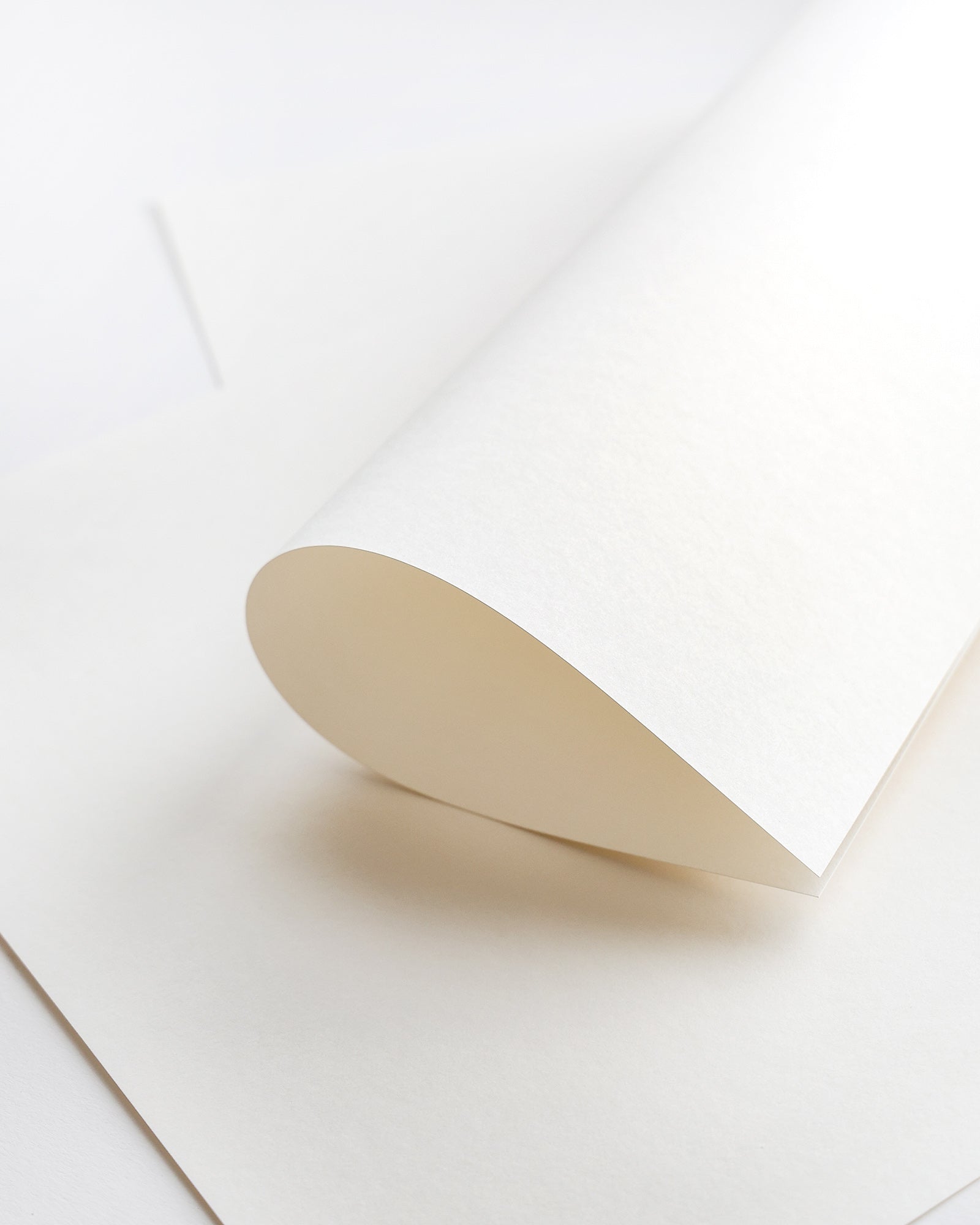 Nahaufnahme eines einzelnen weißen Blattes Papier, das teilweise auf einer flachen weißen Oberfläche aufgerollt ist.