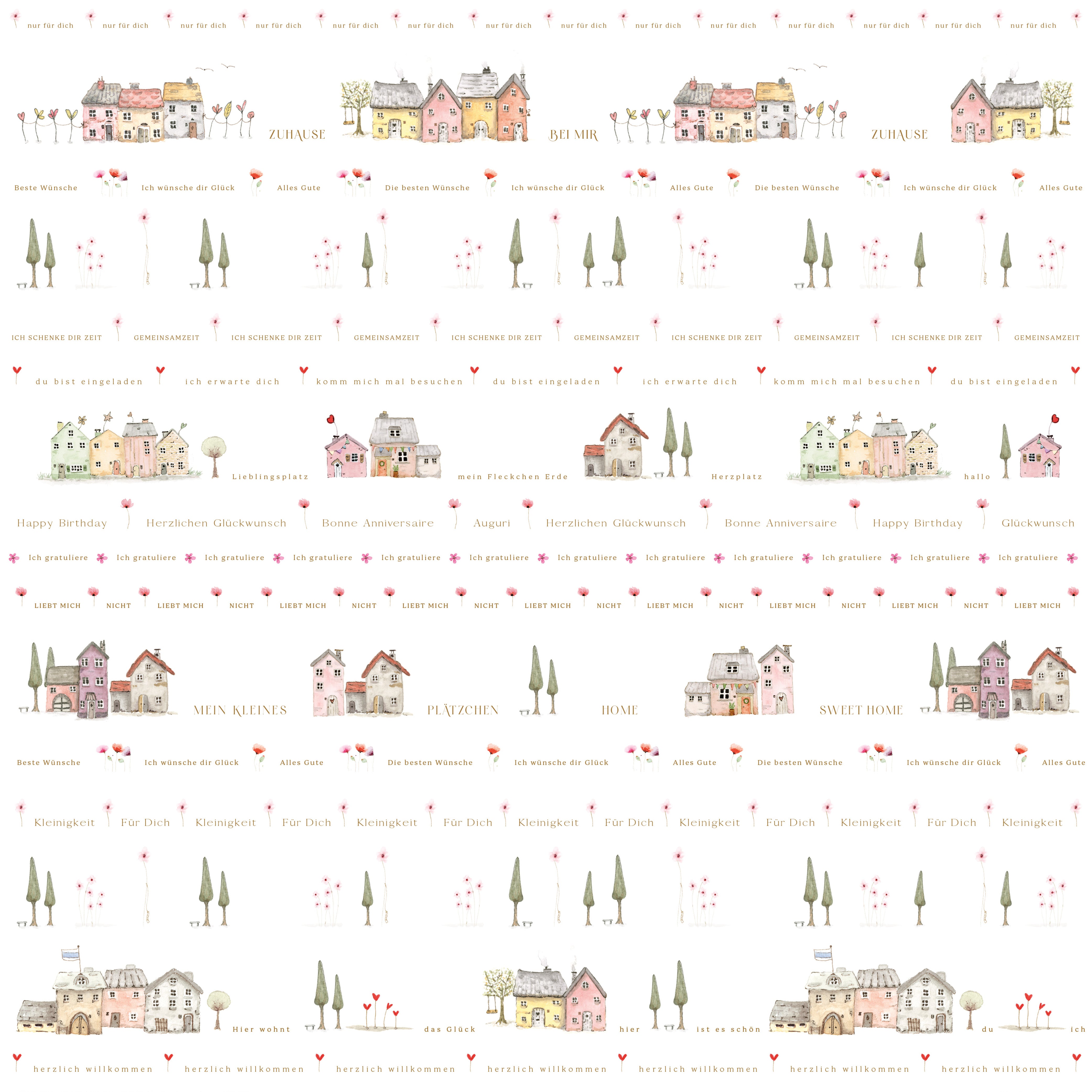 gemalte Häuser in Reihen mit goldenen Schirften