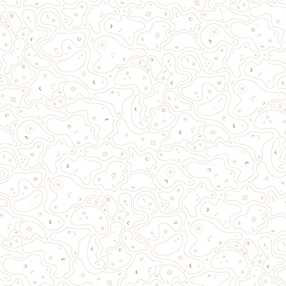 Abstraktes nahtloses Muster mit Wellenlinien, Sternen und Halbmonden auf einem weißen Hintergrund.