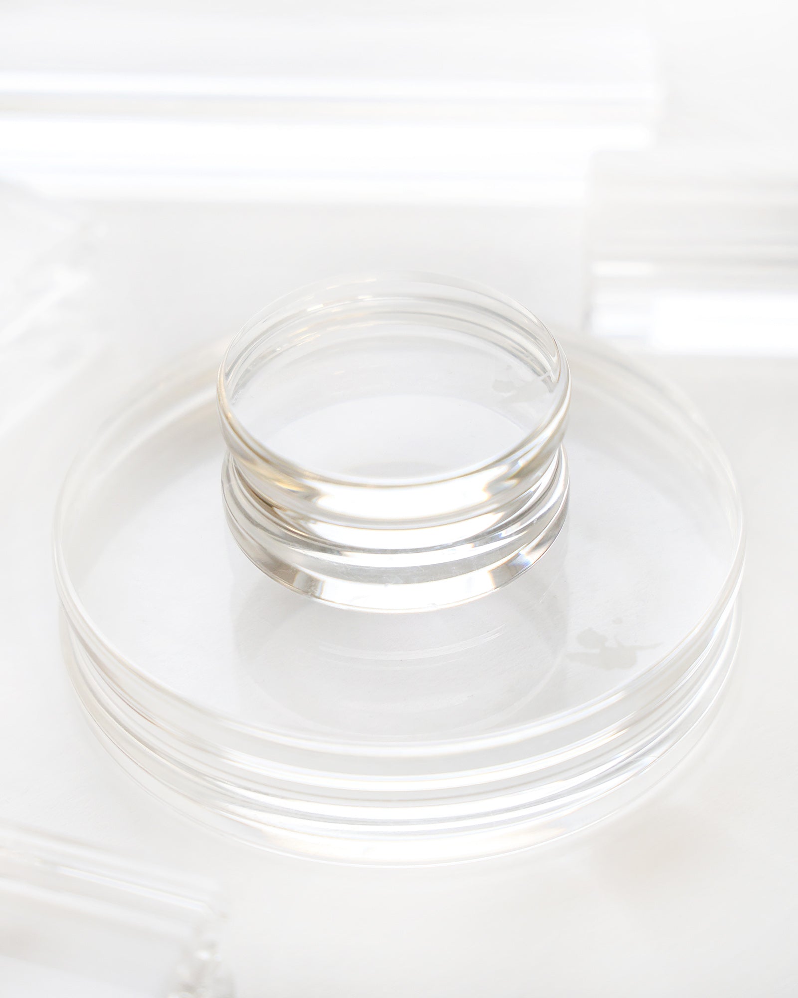 Zwei übereinander gestapelte Petrischalen aus Klarglas auf einem weißen Hintergrund.