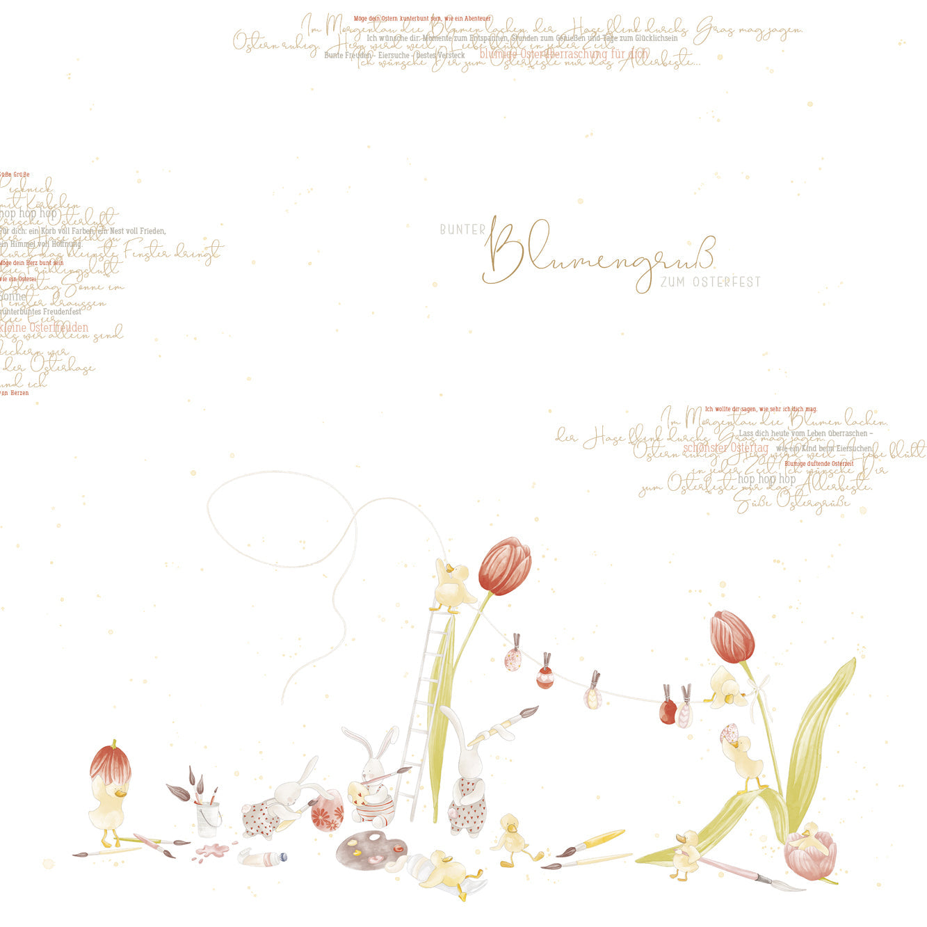 Skurrile Mäuse bemalen Eier und Blumen mit Tulpen, Pinseln und Malutensilien, die überall verstreut sind.
