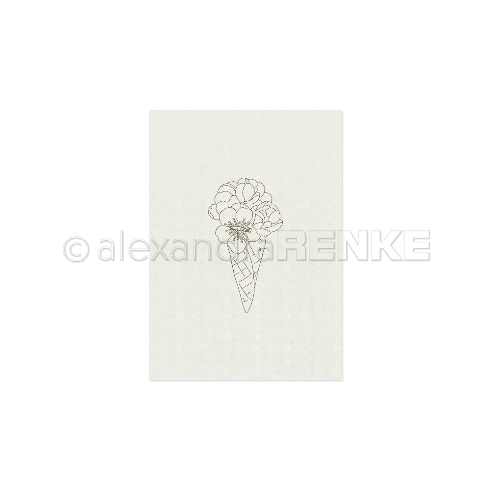 Strichzeichnung einer Eistüte mit Blumen auf einem schlichten, hellen Hintergrund – ideal als Stickvorlage für kreative Handarbeiten oder als bezauberndes Stickmuster für Ihr nächstes Stickprojekt von Alexandra Renke.