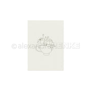 Einfache Strichzeichnung einer Teetasse mit drei Blumen und Blättern auf schlichtem weißem Hintergrund von Alexandra Renke – ideal für kreative Projekte oder als Stickvorlagen, die jeden inspirieren, der gerne Kleidung entwirft.