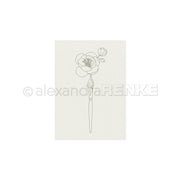 Einfache Strichzeichnung einer Blume, die aus der Spitze eines Pinsels auf einem schlichten weißen Hintergrund erblüht – die perfekte Inspiration für kreative Projekte oder als bezaubernde Stickvorlagen und Stickmuster von Alexandra Renke.