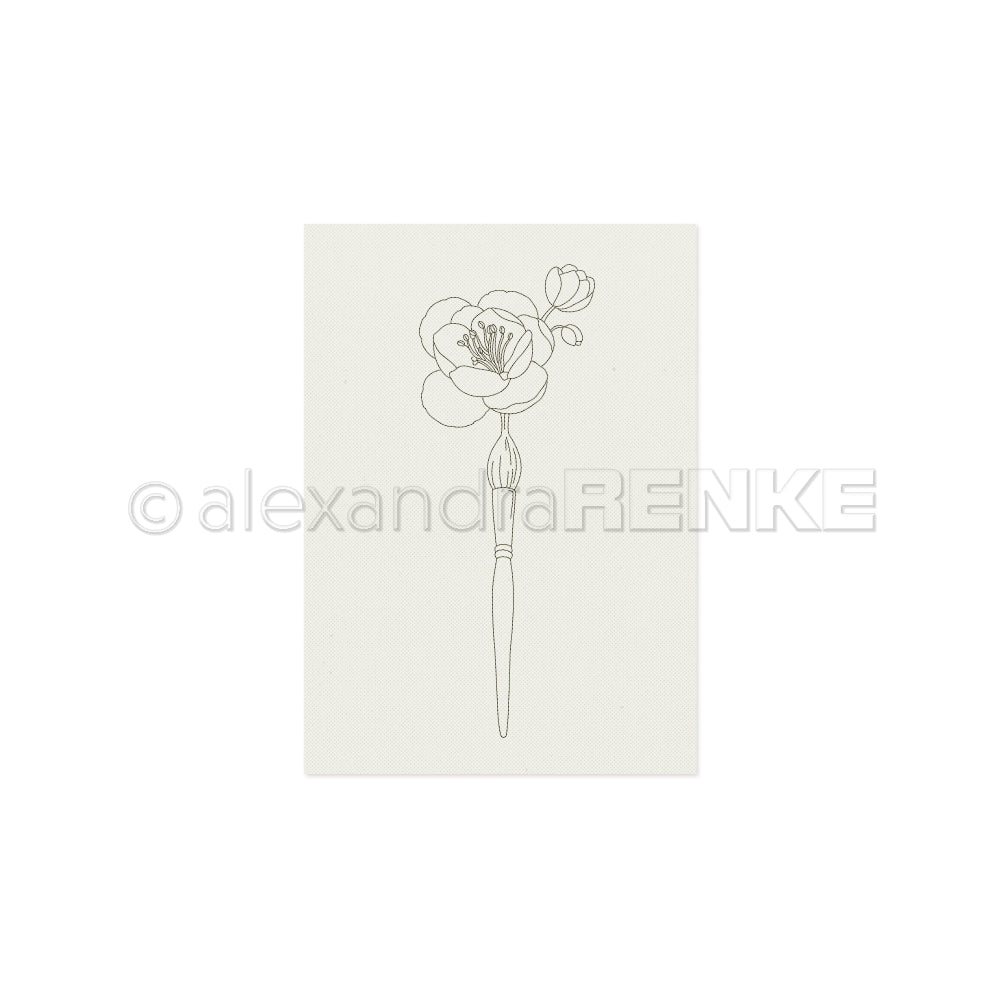 Einfache Strichzeichnung einer Blume, die aus der Spitze eines Pinsels auf einem schlichten weißen Hintergrund erblüht – die perfekte Inspiration für kreative Projekte oder als bezaubernde Stickvorlagen und Stickmuster von Alexandra Renke.