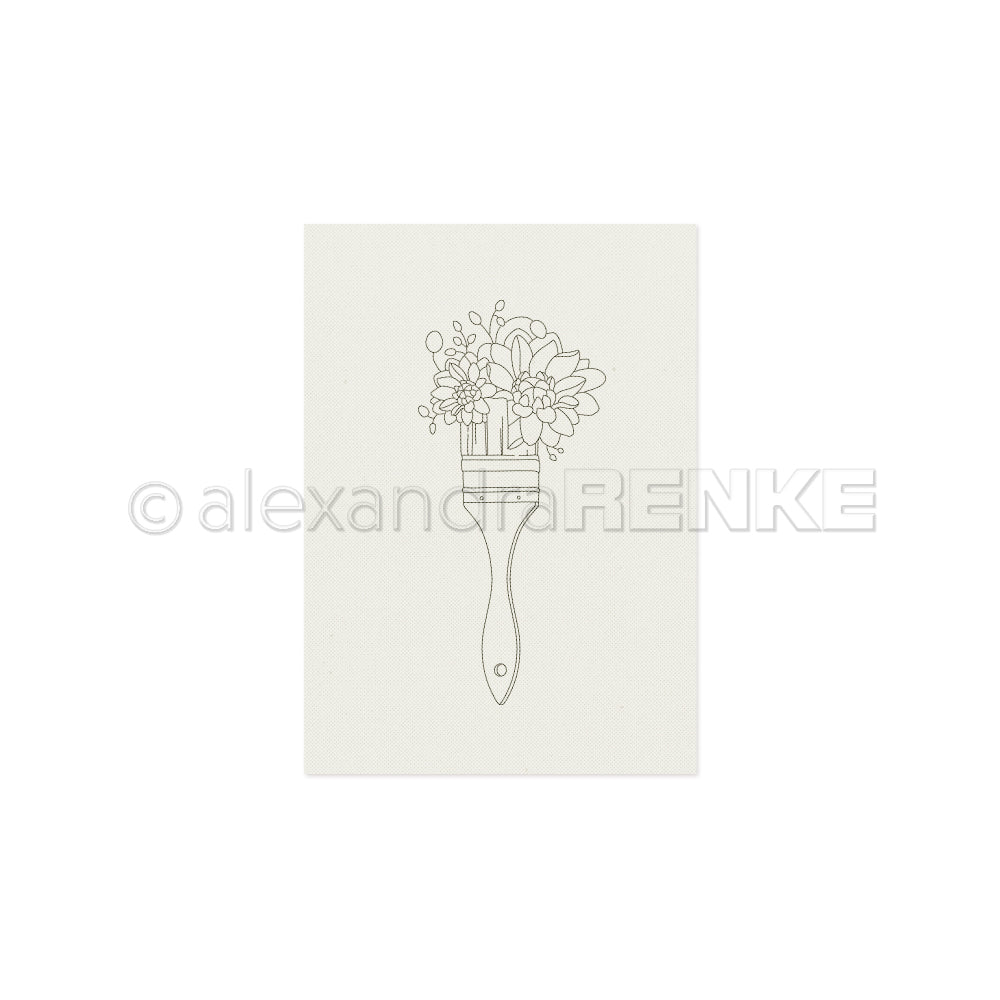 Eine einfache Strichzeichnung eines Pinsels, aus dessen Borsten blühende Blumen sprießen, auf weißem Papier – die perfekte Inspiration für kreative Projekte oder als einzigartige Stickvorlagen von Alexandra Renke.
