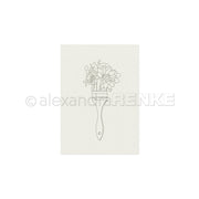 Eine einfache Strichzeichnung eines Pinsels, aus dessen Borsten blühende Blumen sprießen, auf weißem Papier – die perfekte Inspiration für kreative Projekte oder als einzigartige Stickvorlagen von Alexandra Renke.