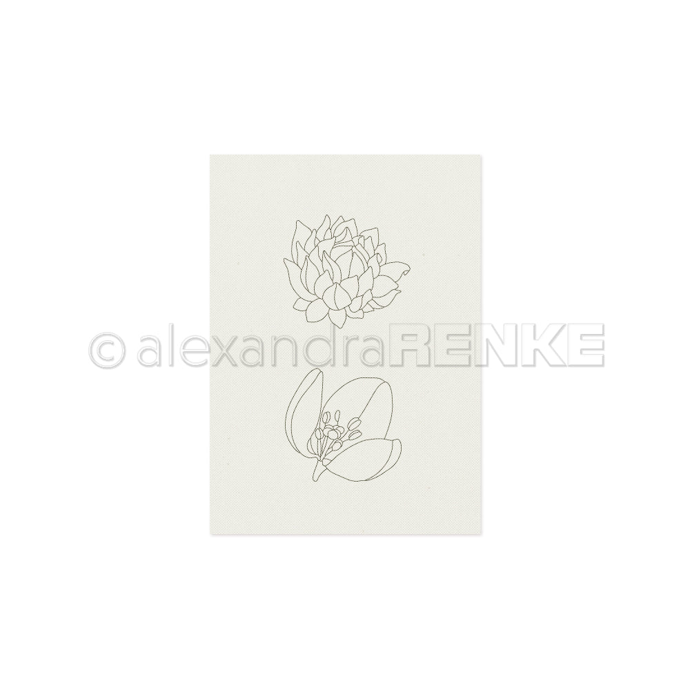 Minimalistische Strichzeichnungen von zwei Blumen auf weißem Hintergrund, eine über der anderen – ideal als Stickvorlagen für kreative Projekte oder zum Gestalten von Kleidung mit einer dezenten, künstlerischen Note von Alexandra Renke.