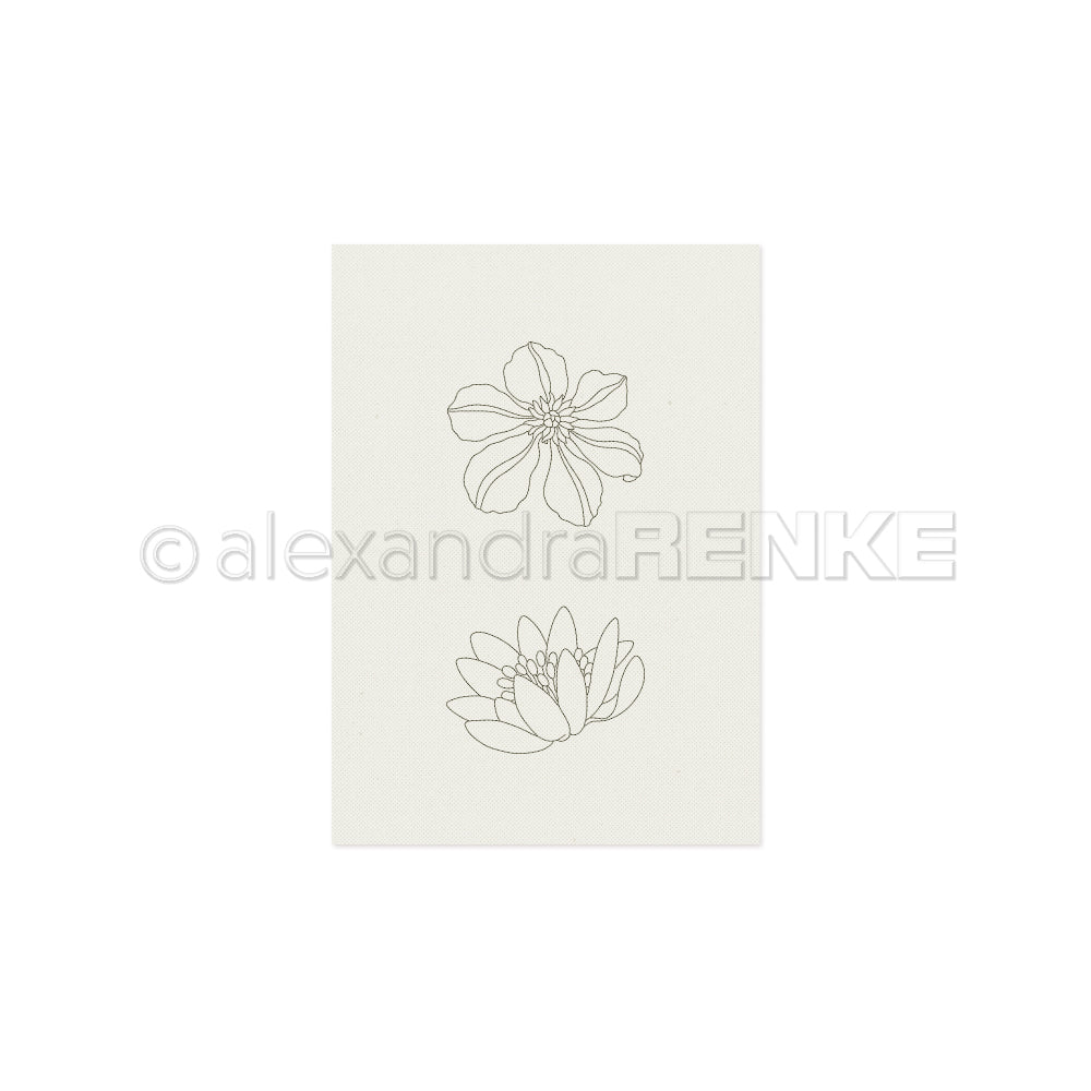 Minimalistische Strichzeichnung von zwei Blumen auf einem schlichten weißen Hintergrund, die übereinander angeordnet sind. Ein Design von Alexandra Renke, ideal als Stickvorlagen für kreative Projekte oder als Inspiration für einzigartige Stickmuster-Kreationen.
