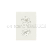Minimalistische Strichzeichnung von zwei Blumen auf einem schlichten weißen Hintergrund, die übereinander angeordnet sind. Ein Design von Alexandra Renke, ideal als Stickvorlagen für kreative Projekte oder als Inspiration für einzigartige Stickmuster-Kreationen.