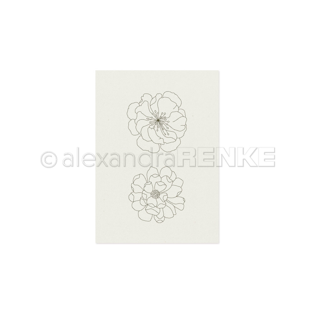 Zwei einfache Strichzeichnungen von Blumen sind vertikal auf einem schlichten weißen Hintergrund angeordnet und eignen sich somit perfekt als Stickvorlagen für kreative Projekte oder zum Gestalten von Kleidung mit einer zarten, künstlerischen Note von Alexandra Renke.