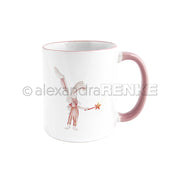 Weiße Tasse mit pinkem Rand und Henkel von Alexandra Renke, veredelt im Sublimationsverfahren: zeigt einen Hasen im gestreiften Pyjama mit Zauberstab - eine süße Geschenkidee!.