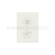Zwei einfache, konturierte Blumenzeichnungen, eine über der anderen, auf einem schlichten weißen Hintergrund – perfekt als Stickvorlagen für kreative Handarbeiten oder als Inspiration für neue Stickmuster-Entwürfe von Alexandra Renke.