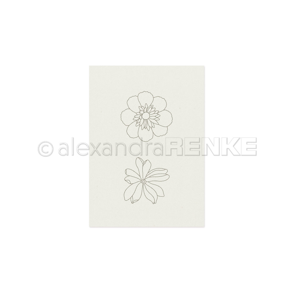 Zwei einfache, konturierte Blumenzeichnungen, eine über der anderen, auf einem schlichten weißen Hintergrund – perfekt als Stickvorlagen für kreative Handarbeiten oder als Inspiration für neue Stickmuster-Entwürfe von Alexandra Renke.