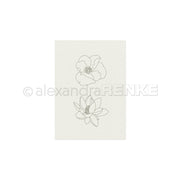 Zwei einfache, konturierte Blumenzeichnungen auf weißem Hintergrund mit einem Wasserzeichen quer über das Bild – ideal als Stickvorlagen für kreative Projekte oder zum Gestalten von Kleidung, von Alexandra Renke.