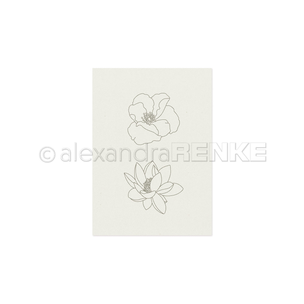 Zwei einfache, konturierte Blumenzeichnungen auf weißem Hintergrund mit einem Wasserzeichen quer über das Bild – ideal als Stickvorlagen für kreative Projekte oder zum Gestalten von Kleidung, von Alexandra Renke.