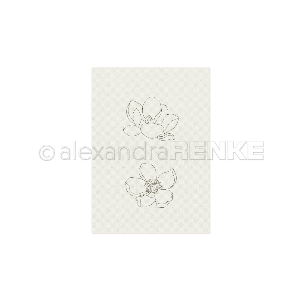 Zwei einfache, handgezeichnete Blumenskizzen auf weißem Hintergrund mit einem Wasserzeichen quer über das Bild – ideal für kreative Projekte oder als Stickmuster, mit denen Sie Ihre Kleidung individuell gestalten können, entworfen von Alexandra Renke.