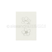 Zwei einfache, handgezeichnete Blumenskizzen auf weißem Hintergrund mit einem Wasserzeichen quer über das Bild – ideal für kreative Projekte oder als Stickmuster, mit denen Sie Ihre Kleidung individuell gestalten können, entworfen von Alexandra Renke.