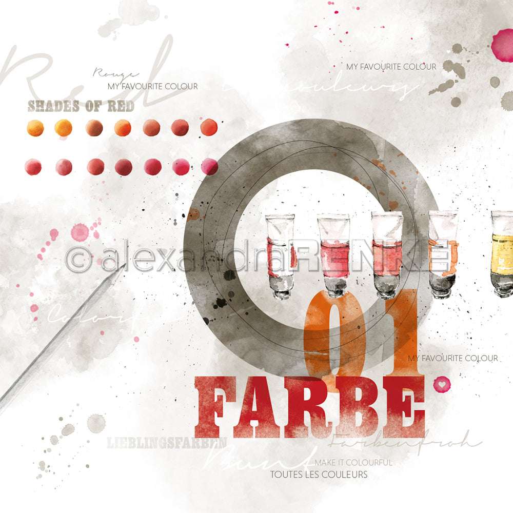 Abstrakte Kunst mit roten Farbtuben, Farbfeldern und "FARBE" in kräftigem Rot - ein auffälliges Werk, das von Alexandra Renkes unverkennbarem Designstil inspiriert ist.