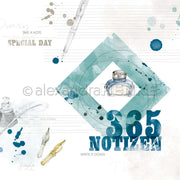 Tintenfass, Füllfederhalter und blaue Tintenspritzer mit "365 Notizen" von Alexandra Renke. Ideal für Papierprojekte oder Buchbinderei, dieses kreative Design verleiht Ihren Notizen eine einzigartige Note.