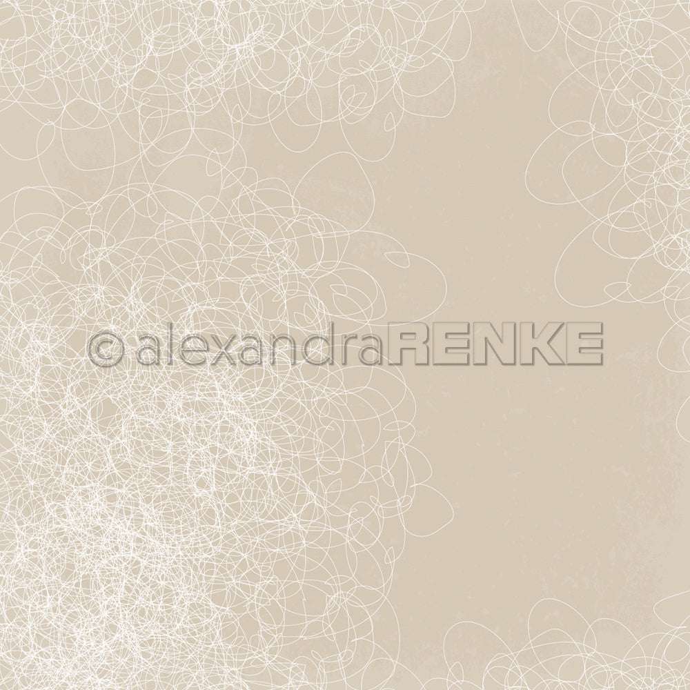 Beigefarbener Hintergrund mit weißen, verschlungenen Kritzeleien unten links und oben rechts - ideal als Alexandra Renke Designpapier für Grußkarten oder kreative Papierprojekte.