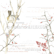 Illustration eines Aquarellvogels auf kahlen Ästen mit roten Beeren, Herbstlaub und handgeschriebenem Text - ideales Designpapier von Alexandra Renke für einzigartige Papierprojekte.