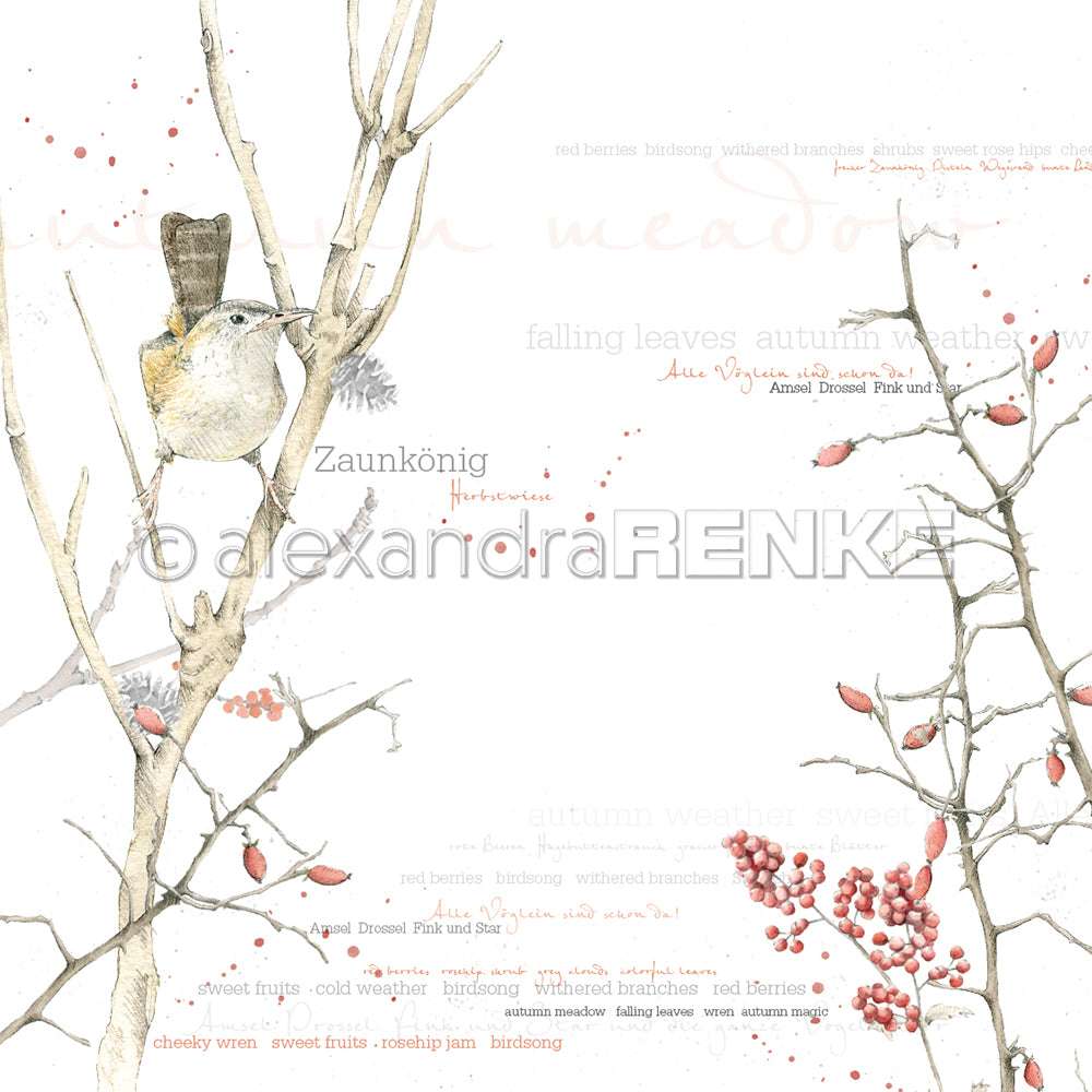 Illustration eines Aquarellvogels auf kahlen Ästen mit roten Beeren, Herbstlaub und handgeschriebenem Text - ideales Designpapier von Alexandra Renke für einzigartige Papierprojekte.
