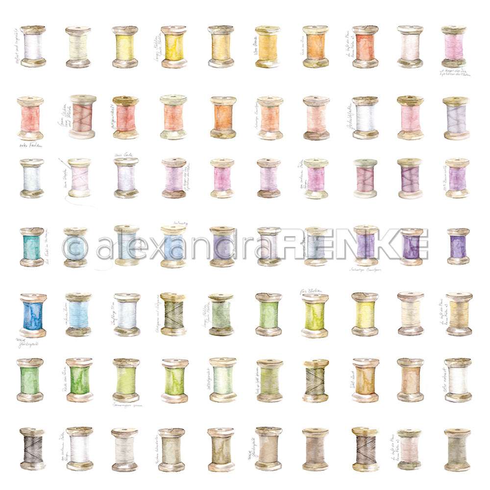 Reihen von mit Aquarellfarben bemalten Garnspulen in verschiedenen Farben auf weißem Hintergrund - eine perfekte Inspiration für Papierprojekte und Buchbinderei-Enthusiasten von Alexandra Renke.