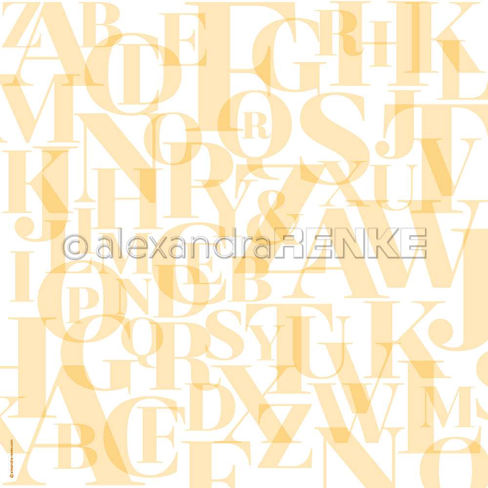 Mit überlappenden hellgelben Großbuchstaben auf Weiß und einem Wasserzeichen in der Mitte ist dieses Designpapier von Alexandra Renke ideal für Papierprojekte oder Buchbinderei-Fans, die einzigartiges Designpapier suchen.