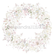 Zarter Blumenkranz mit pastellfarbenen Blüten, Blättern und Schmetterlingen auf Weiß - ideal für Grußkarten oder Papierprojekte mit dem eleganten Designpapier von Alexandra Renke.