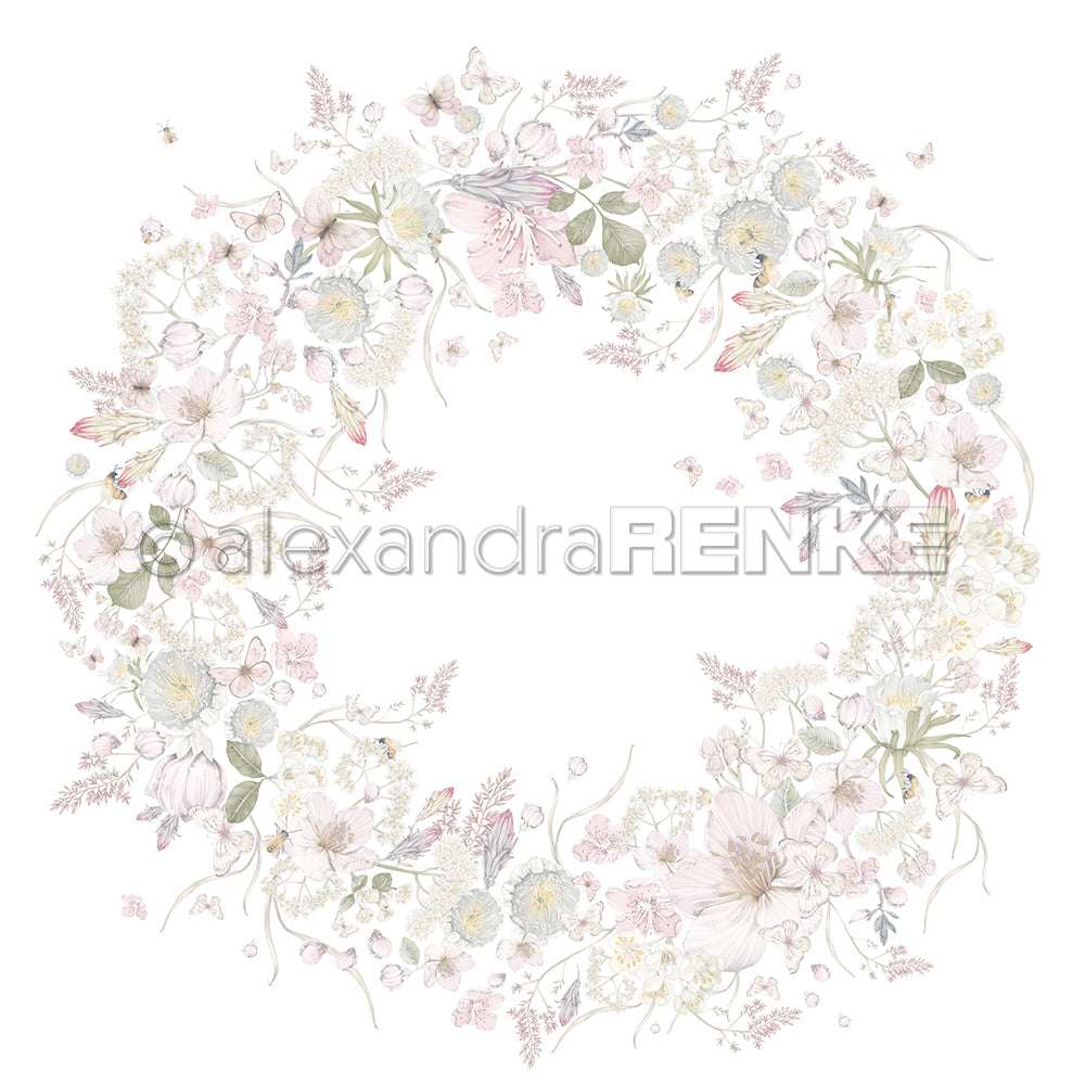 Zarter Blumenkranz mit pastellfarbenen Blüten, Blättern und Schmetterlingen auf Weiß - ideal für Grußkarten oder Papierprojekte mit dem eleganten Designpapier von Alexandra Renke.