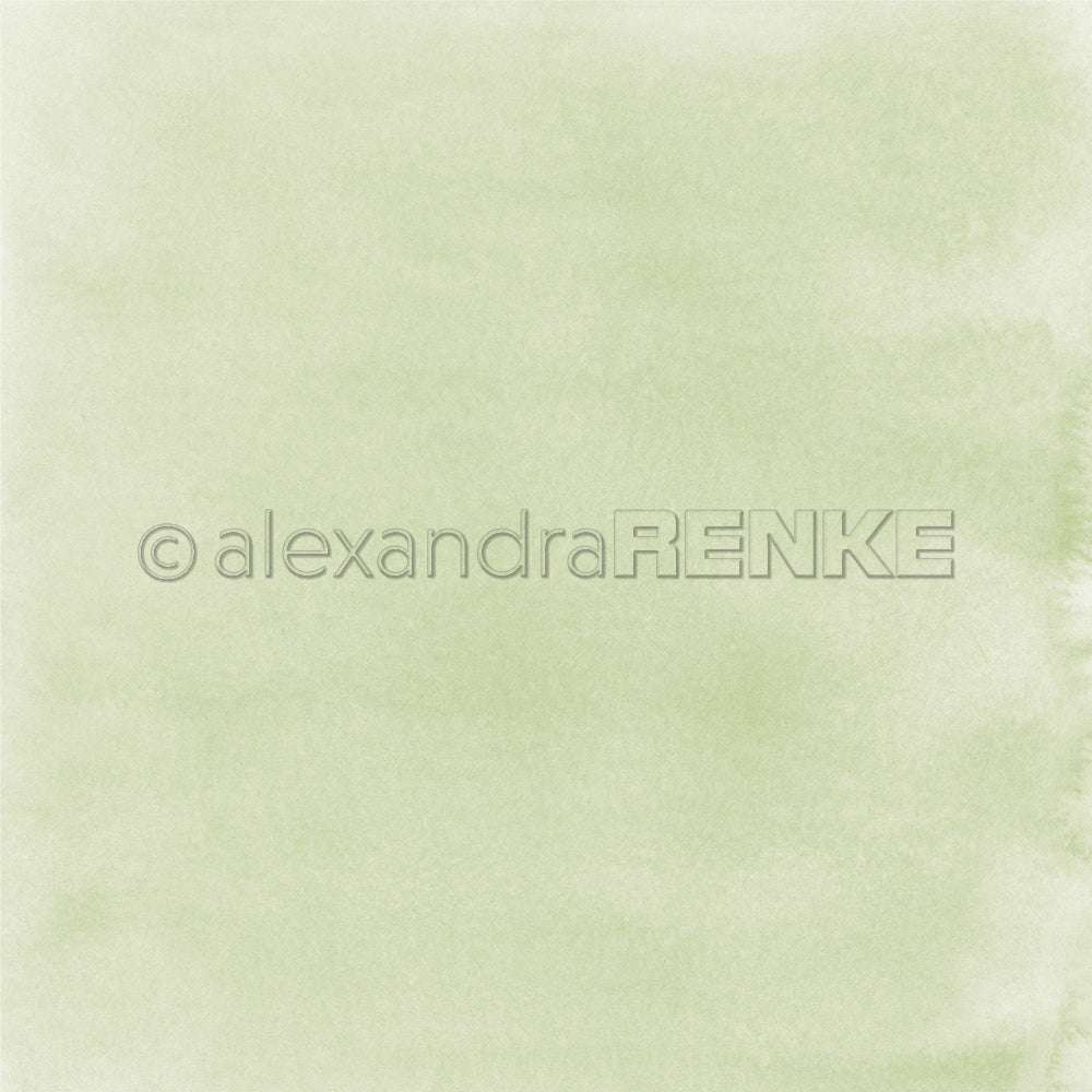 Weicher, hellgrüner Aquarelltextur-Hintergrund mit dezenten Verläufen und dem Wasserzeichen "Alexandra Renke". Ideal für Papierprojekte oder als elegantes Designerpapier im beruhigenden Farbton Mimi Kleegrün.