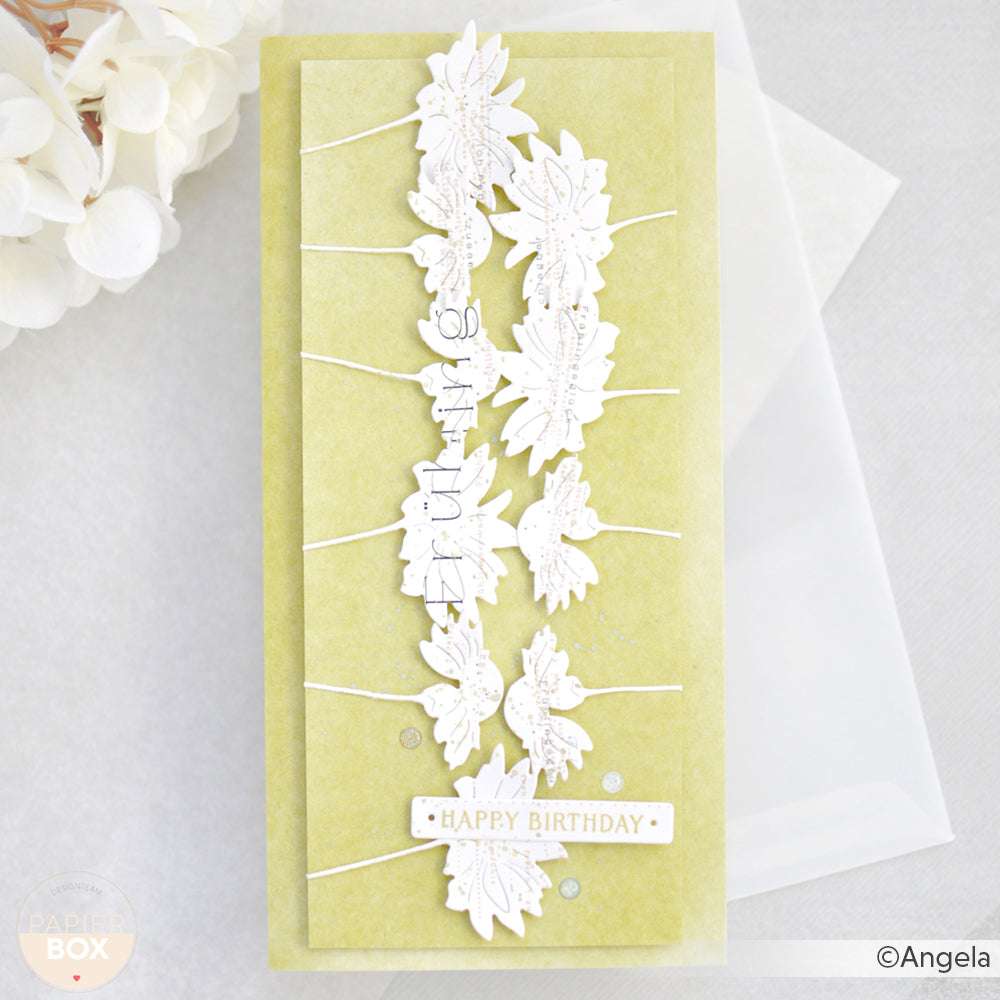 Eine grüne, handgefertigte Geburtstagskarte von Alexandra Renke mit Designpapier, weißen Blumenausschnitten, Schnur und einem HAPPY BIRTHDAY-Aufkleber - ideal für Ihre Papierprojekte.