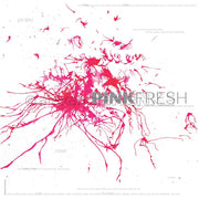 Abstrakte rosa Farbspritzer auf Weiß mit schwachem Text in Grautönen - Alexandra Renke Designpapier, perfekt für Papierprojekte wie Grußkarten.