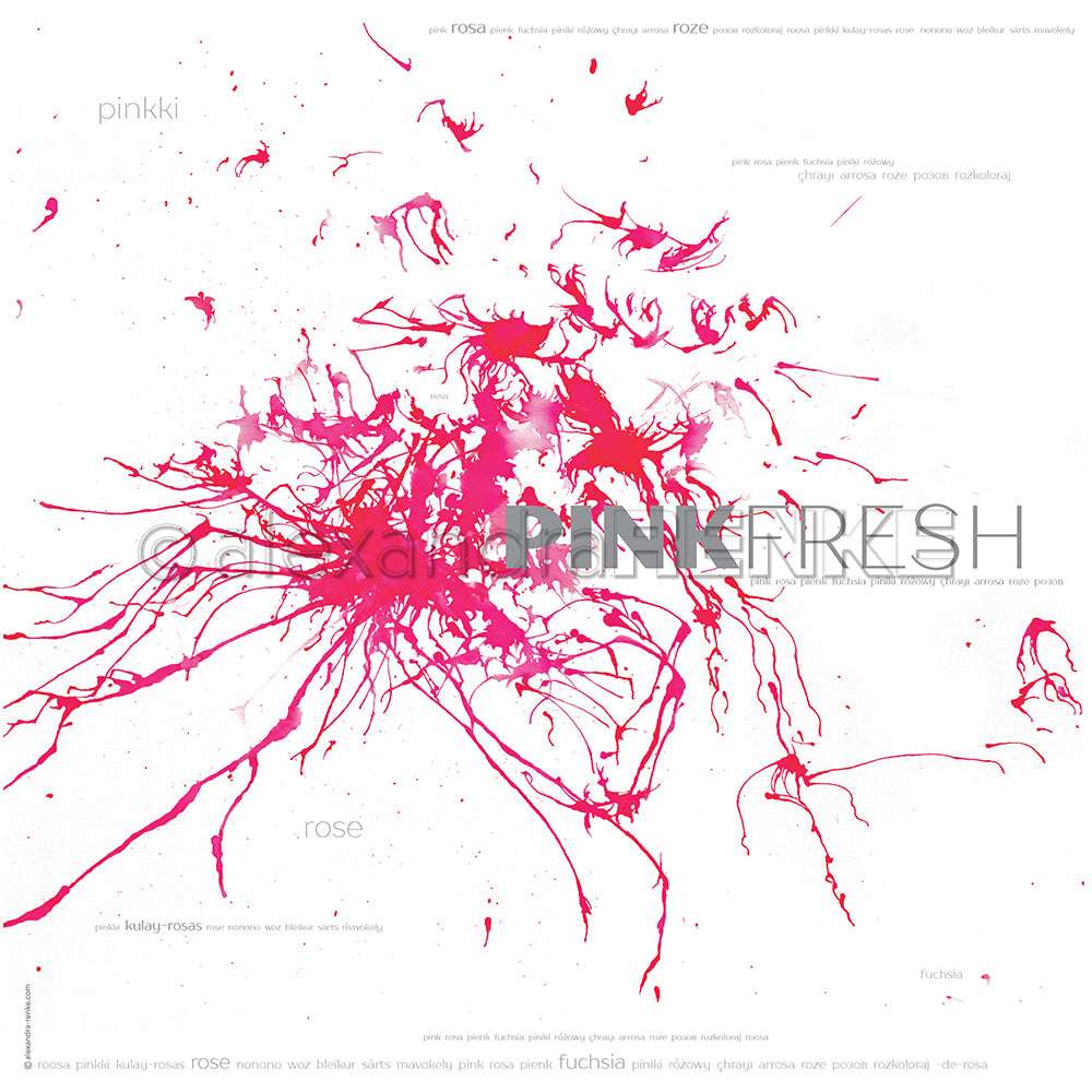 Abstrakte rosa Farbspritzer auf Weiß mit schwachem Text in Grautönen - Alexandra Renke Designpapier, perfekt für Papierprojekte wie Grußkarten.