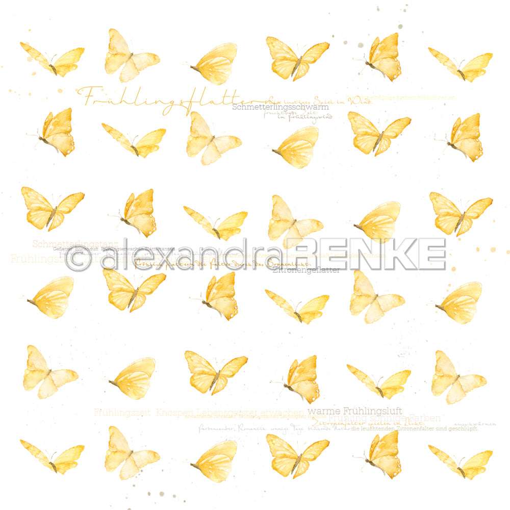 Gelbe Schmetterlinge sind in einem leichten Aquarellstil über einen weißen Hintergrund verstreut - perfektes Designpapier von Alexandra Renke für Ihre Papierprojekte.