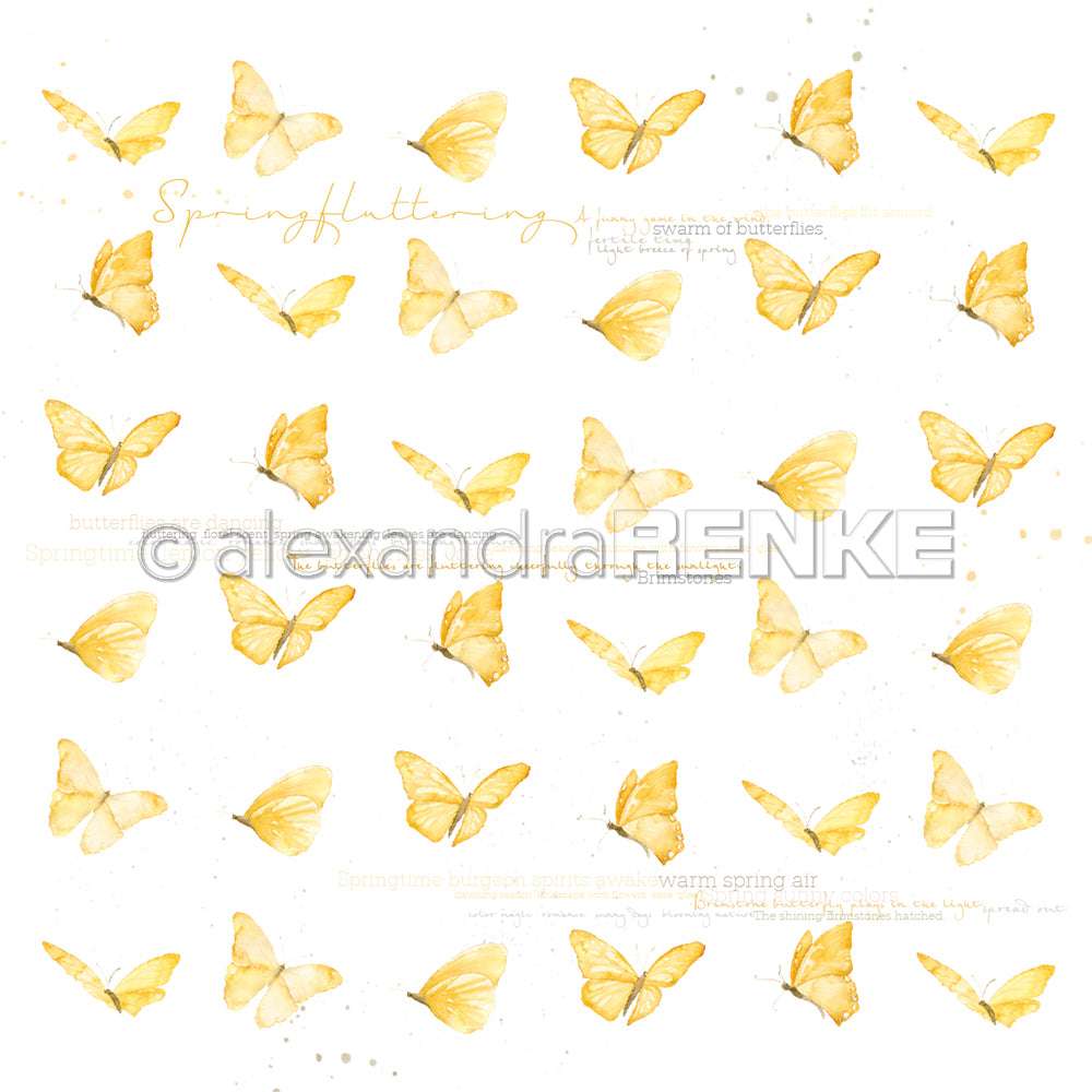 Gelbe Schmetterlinge auf weißem Hintergrund mit schwachem Text und zentralem Wasserzeichen, perfekt für Alexandra Renke Papierprojekte oder internationale Schmetterlinge Designpapier Kreationen.