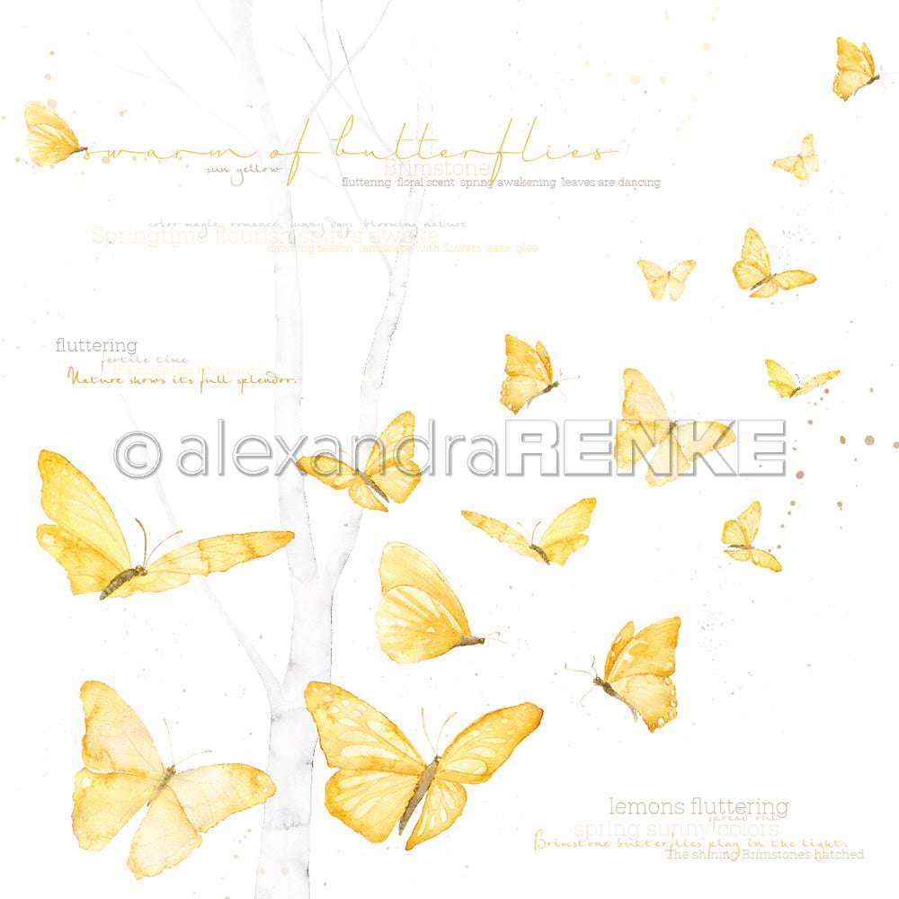 Ein Schmetterlingsschwarm aus gelben Schmetterlingen flattert um einen weißen Baum mit leichtem poetischen Text - perfekt für Designpapier oder Grußkarten von Alexandra Renke.