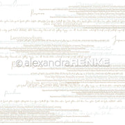 Verblasste botanische Namen wie Ambrosia und handgeschriebener Text verteilen sich auf einem weißen Hintergrund, der sich ideal für Papierprojekte eignet - komplett mit Alexandra Renke-Wasserzeichen.