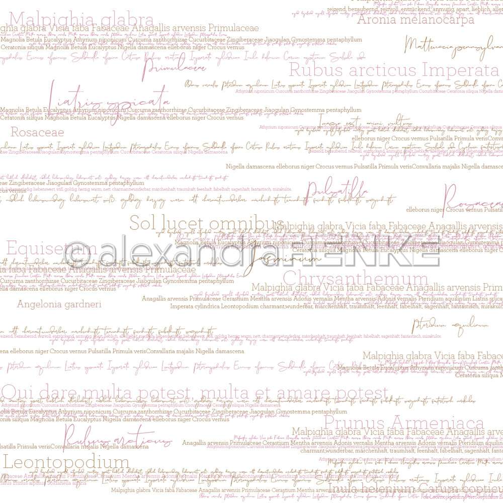 Ein nahtloses Alexandra Renke Muster mit botanischen lateinischen Namen, dunkelrosa Schrift und beigem Text auf weiß - ideal für Papierprojekte oder als einzigartiges Designpapier.
