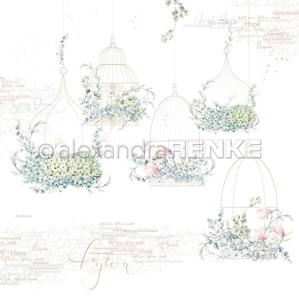 Zarte Vogelkäfige mit pastellfarbenen Blumen und Grünzeug von Alexandra Renke, akzentuiert mit elegantem handgeschriebenem Text - ideal für Papierprojekte oder zur Verschönerung Ihrer Buchbinderei mit diesem atemberaubenden Designpapier.