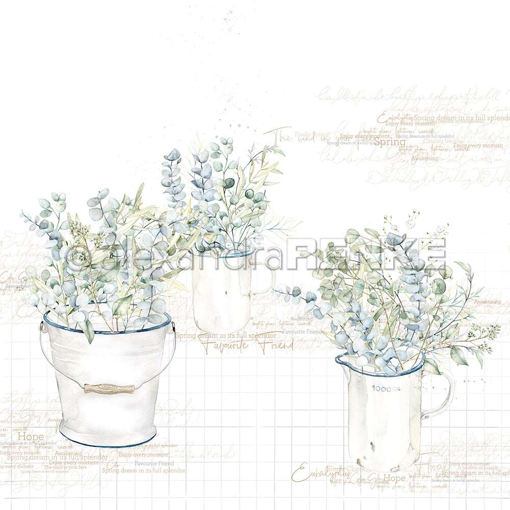 Drei weiße Behälter mit zarten Eukalyptuszweigen im Aquarellstil auf einem leicht gemusterten Designpapier-Hintergrund - perfekt für inspirierende Papierprojekte von Alexandra Renke.