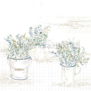 Drei weiße Behälter mit zarten Eukalyptuszweigen im Aquarellstil auf einem leicht gemusterten Designpapier-Hintergrund - perfekt für inspirierende Papierprojekte von Alexandra Renke.