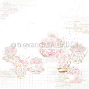 Pastellfarbenes Teeservice mit floraler Teekanne und Tassen von Alexandra Renke, mit Rosen im Tassen-Design, gepaart mit Vasen mit rosa Rosen auf weißem Hintergrund.