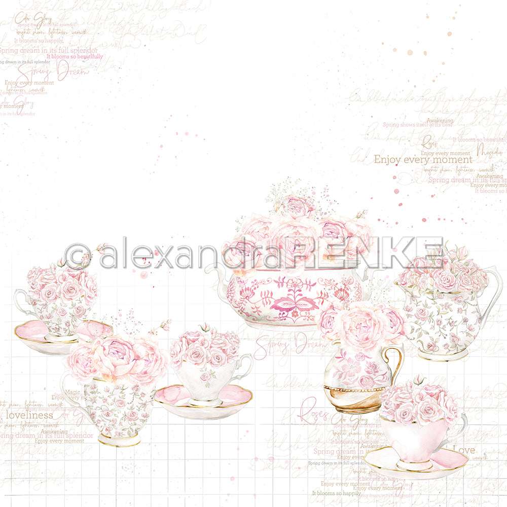 Pastellfarbenes Teeservice mit floraler Teekanne und Tassen von Alexandra Renke, mit Rosen im Tassen-Design, gepaart mit Vasen mit rosa Rosen auf weißem Hintergrund.