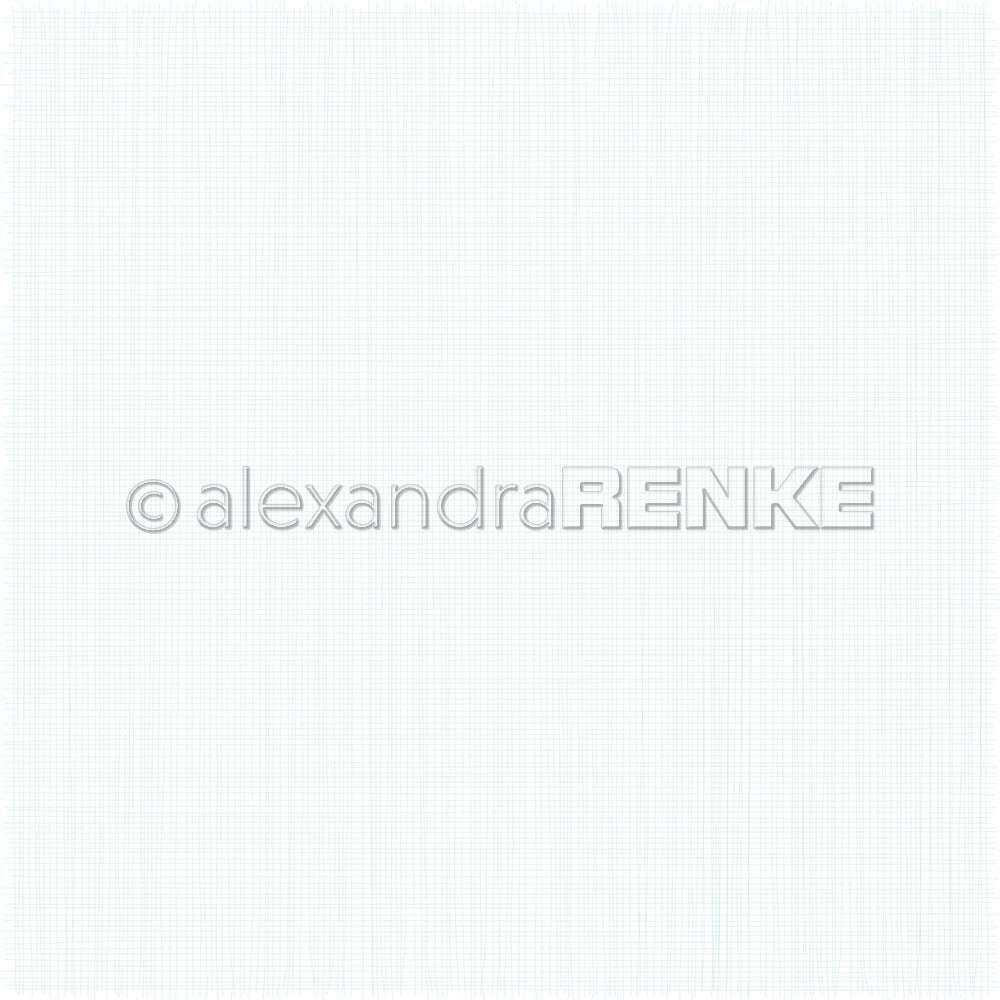 Zartes blaues Gittermuster auf weißem Hintergrund mit Alexandra Renke Wasserzeichen - ideales Designpapier für kreative Projekte oder Buchbinderei.