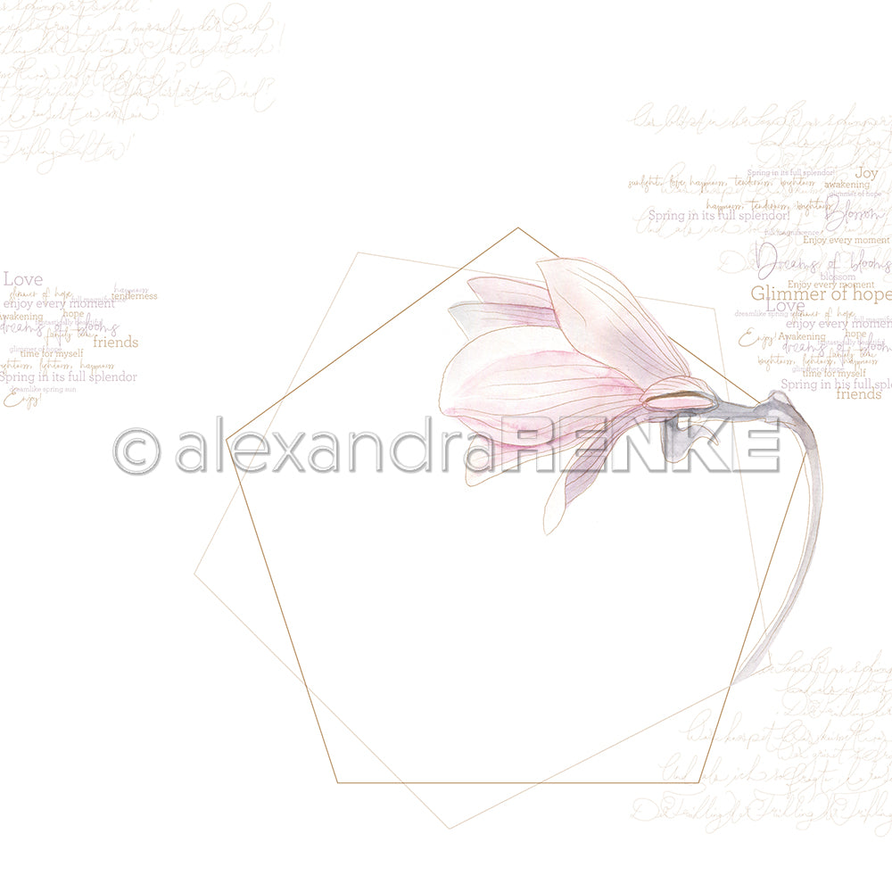 Eine zartrosa Magnolienblüte mit hellen geometrischen Linien und schwachem handgeschriebenem Text auf Weiß, perfekt für Papierprojekte oder elegantes Designpapier in Buchbinderei von Alexandra Renke.