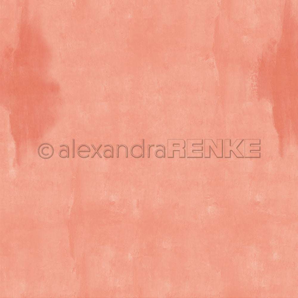 Gedämpfte korallfarbene Aquarelltextur mit dezenten vertikalen Pinselstrichen und dem Wasserzeichen "Alexandra Renke" in der Mitte. Dieses Designpapier ist ideal für Buchbindereien oder Papierprojekte und verleiht Ihrer kreativen Arbeit eine sanfte Note.